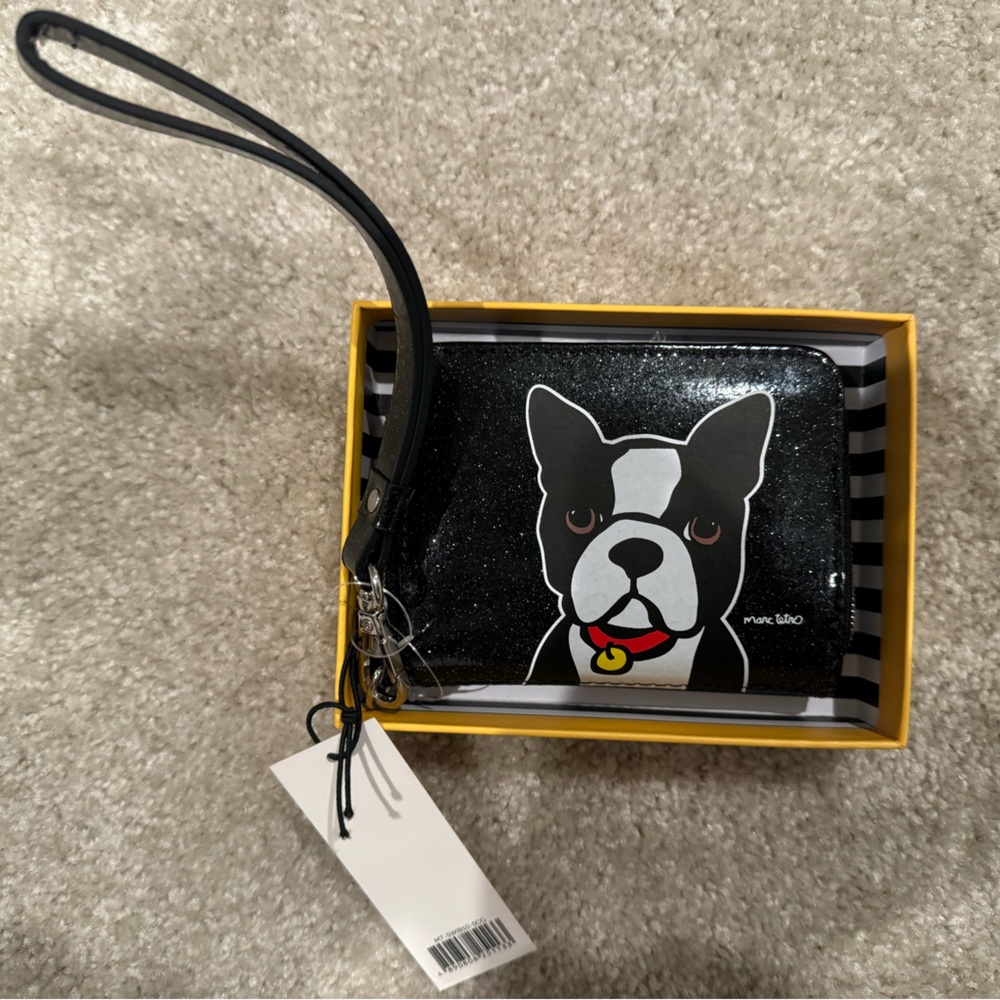 NIB: Marc Tetro Boston Terrier Dog Black Glitter Wristlet Wallet